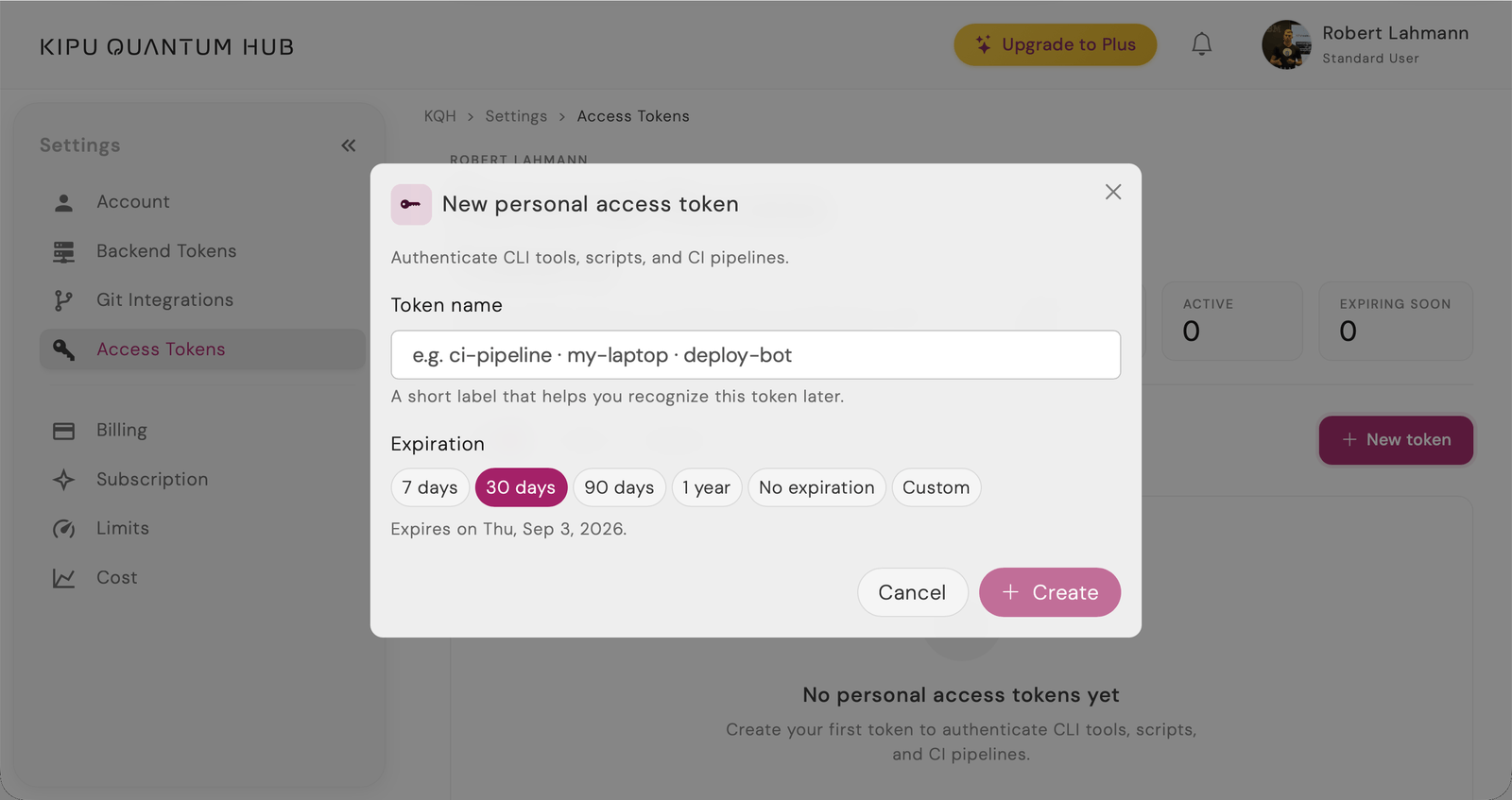 The Hub Settings page open on Access Tokens, with the New personal access token dialog showing name and expiration controls.