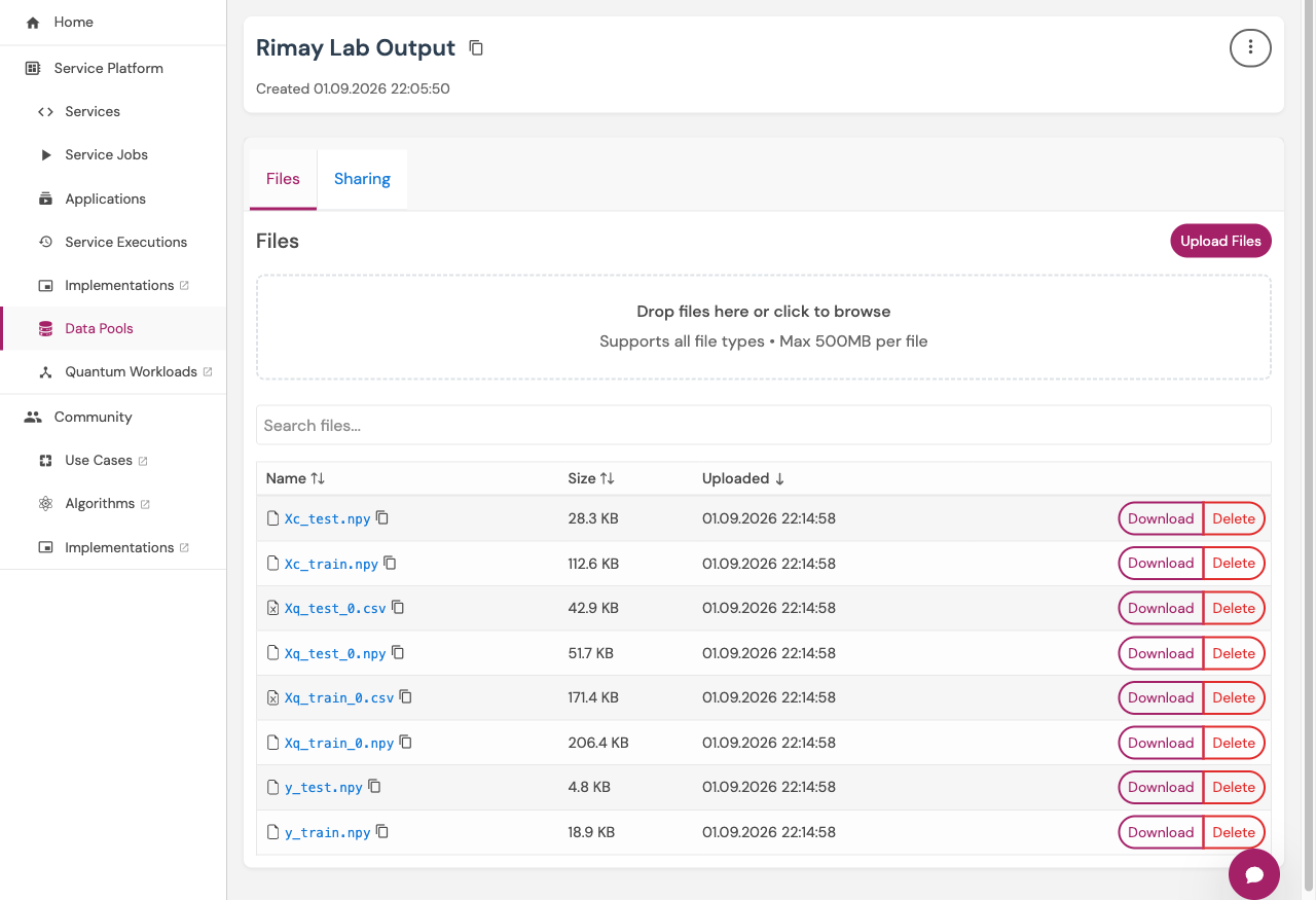 The files view of the output data pool on the Hub dashboard after a successful run, listing the six numpy files the service wrote.
