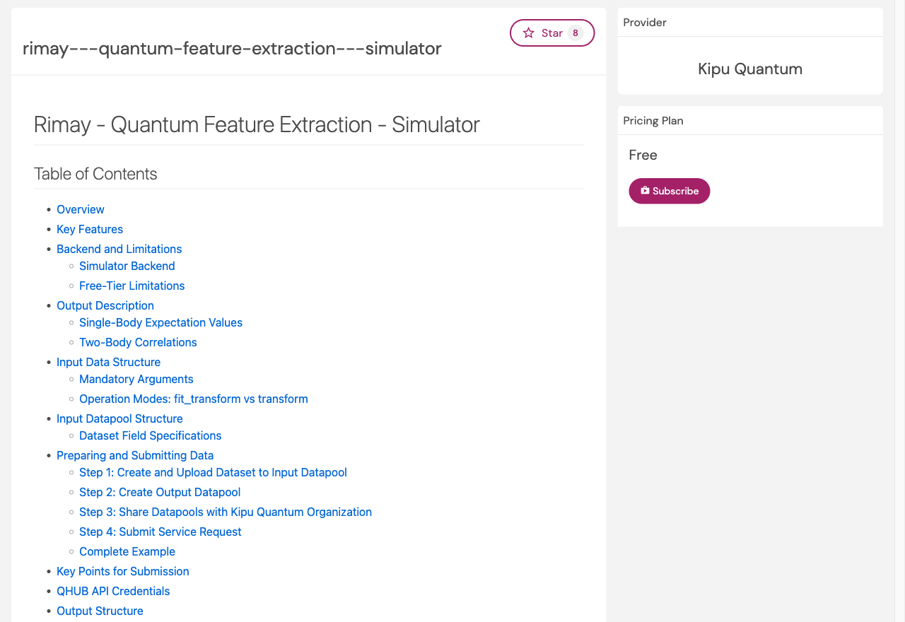 The Rimay Quantum Feature Extraction Simulator listing on the Kipu Quantum Hub marketplace: the service page with its table of contents on the left, the provider Kipu Quantum and the Free pricing plan with a Subscribe button on the right.